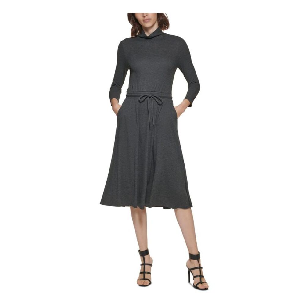 CALVIN KLEIN Womens Gray Waist 3/4 Sleeve Below The Knee Sweater Dress 2
